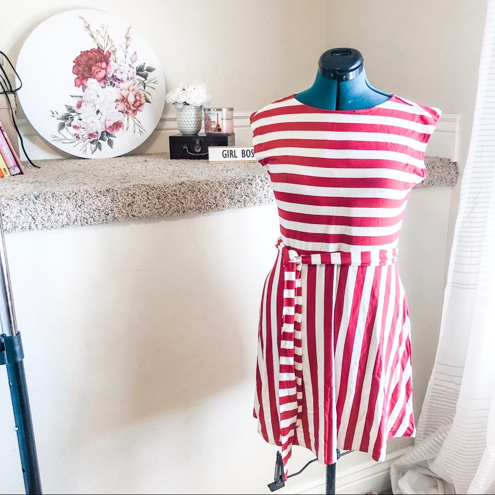 NWT Striped Tie Waist Flare Dress